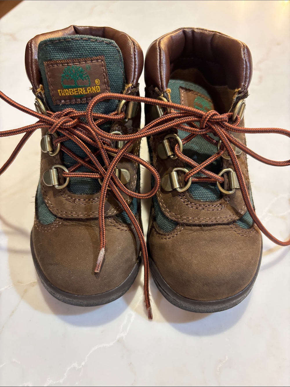 Timberland Kids Brown Leather Boots with Green Panels Size 8 Toddler